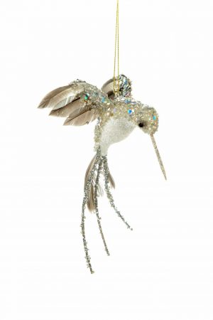 Grey Glittered Hummingbird Ornament
