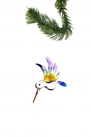 Purple/Yellow Glass Hanging Small Hummingbird Ornament with Clear Body