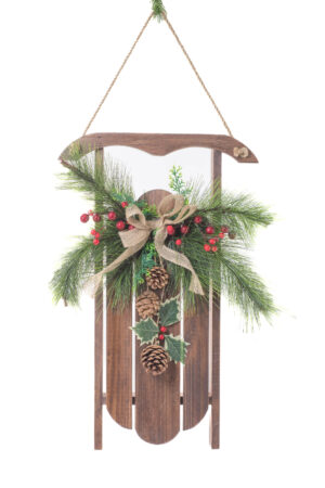 Brown/Green Wood Hanging Sled Sled with Spray