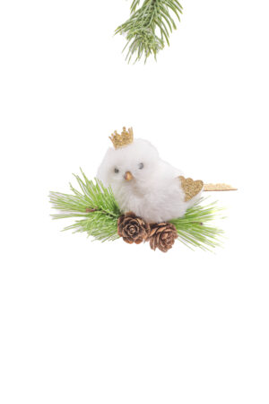 White/Gold Cloth Perched Royal Bird sitting on Regal Branch