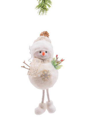 White/Platinum Cloth Dangling Pinecone Snowman in Toque