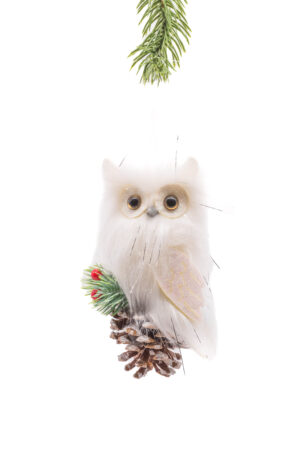 White Cloth Hanging Fuzzy Owl on a Pinecone