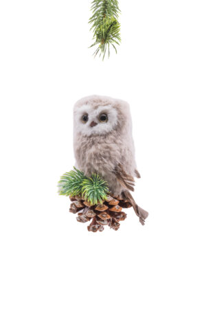 Grey Cloth Hanging Watchful Owl on Pinecone