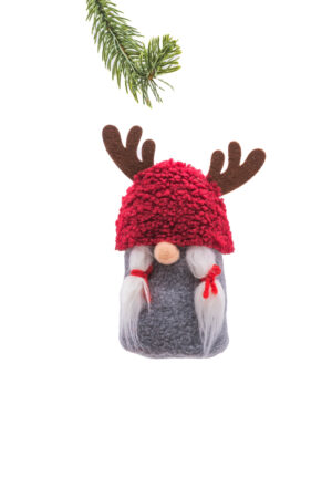 Red/Grey Cloth Sitting Mrs. Gnome in Reindeer Toque
