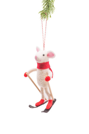 White Polylon Hanging Skiing Mouse with Red Scarf