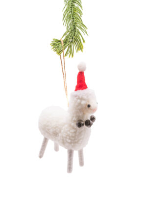 White Polylon Hanging Llama Ornament with Santa Hat