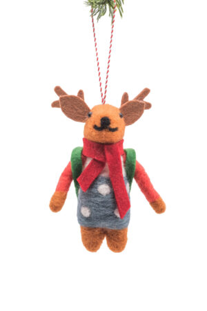 Orange/Blue Polylon Hanging Reindeer Ornament with Green Backpack