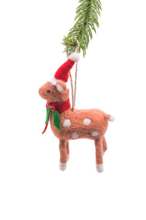 Brown Polylon Hanging Doe Ornament with Christmas Cap