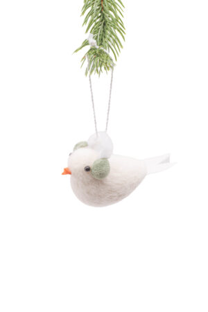 White Polylon Hanging Dove Ornament with Green Earmuffs