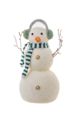 White Polylon Standing Big Brother Snowman with Green Earmuffs and Scarf