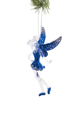 Clear Sassy Fairy Ornament with Glittering Blue Wings and Dress