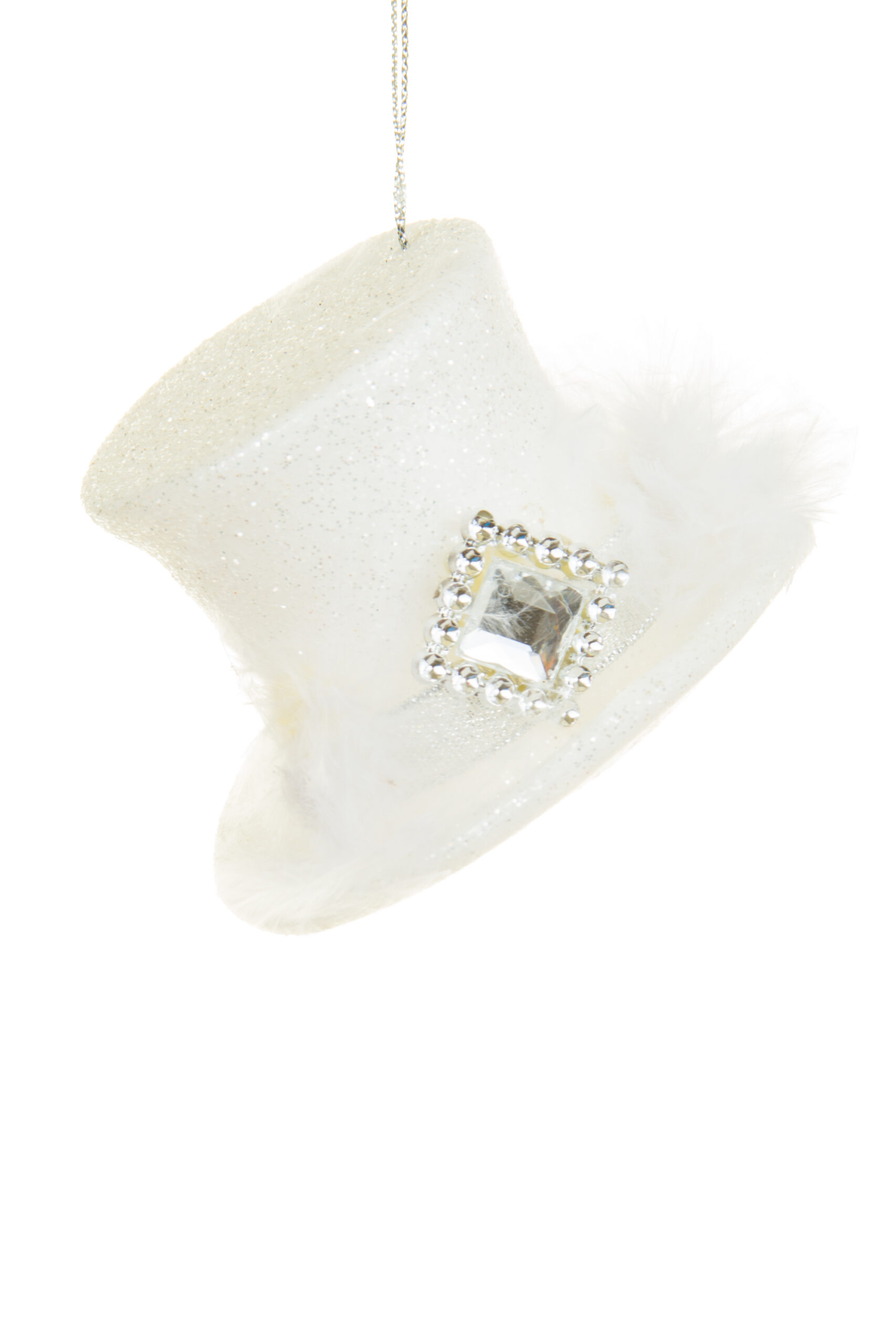 White Glittering Top Hat Ornament with Diamond Accent