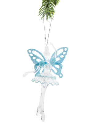 Clear Hanging Fairy Ornament with Glittering Blue Wings