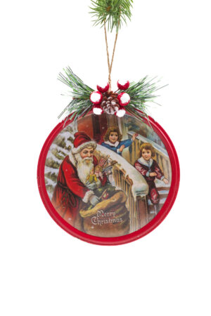 Red TIn Hanging "Merry Christmas" Ornament with Santa delivering presents Print