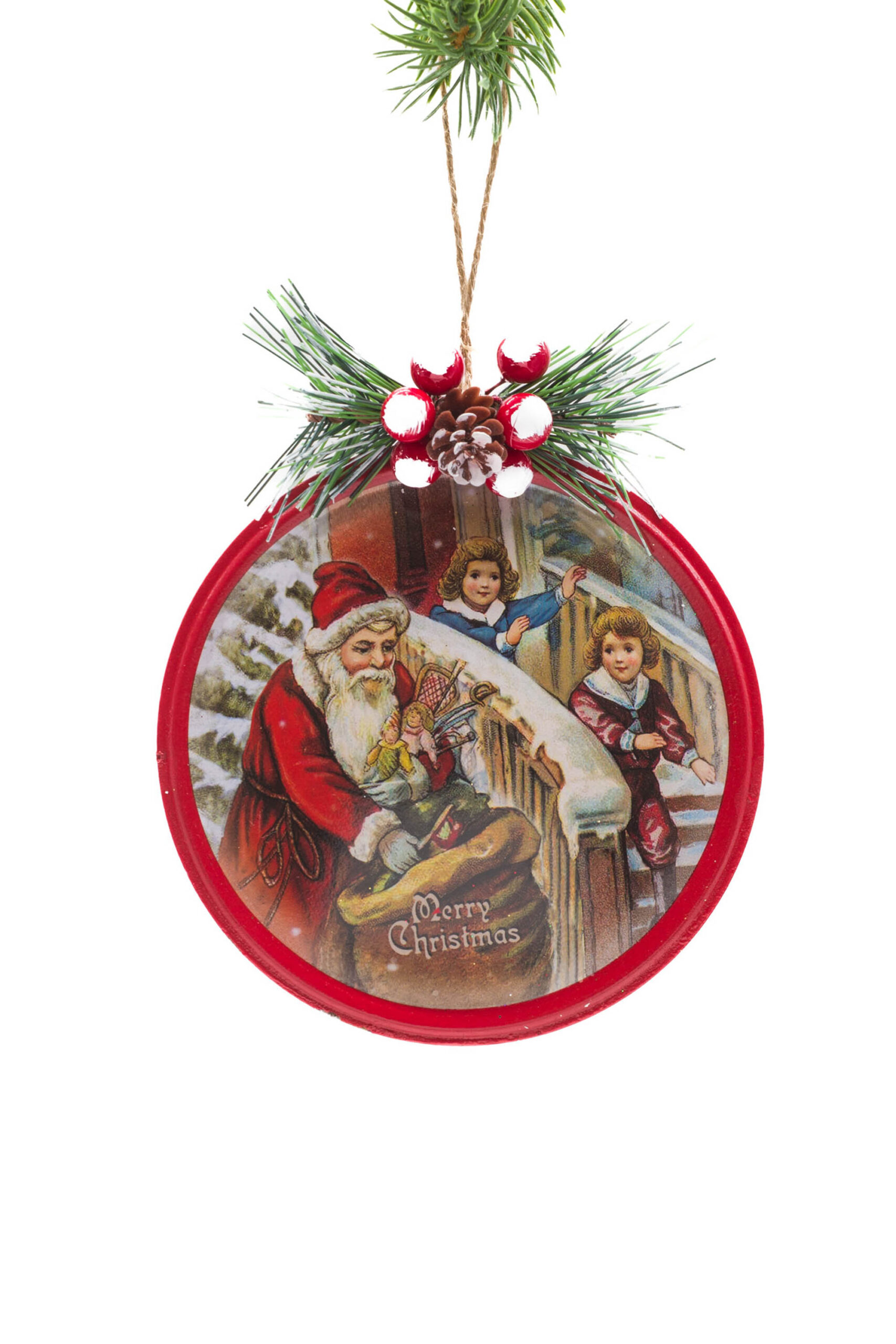 Red TIn Hanging "Merry Christmas" Ornament with Santa delivering presents Print