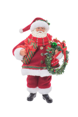 Red Fabric Standing Plump Santa holding Wreath