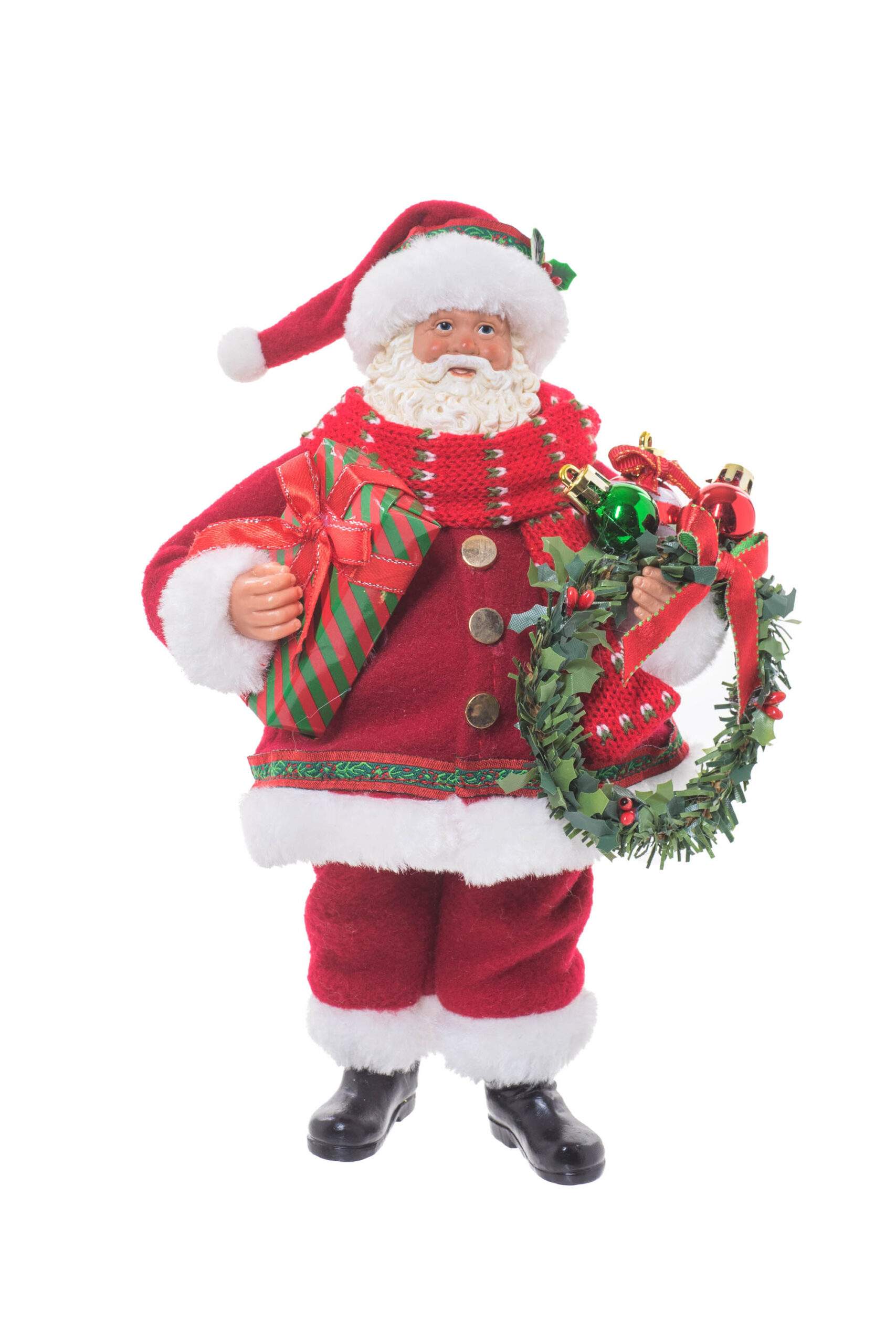 Red Fabric Standing Plump Santa holding Wreath