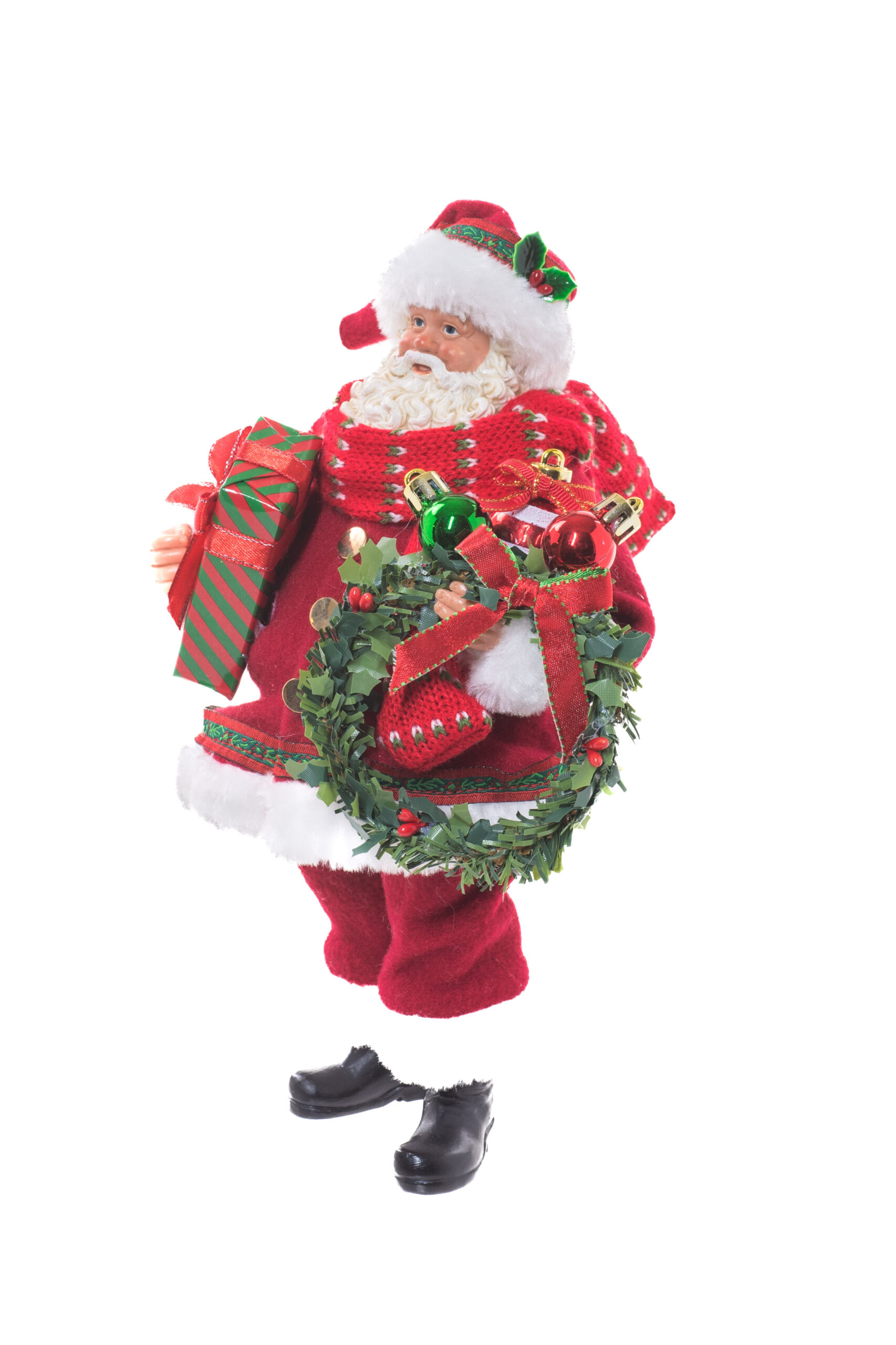 Red Fabric Standing Plump Santa holding Wreath - Image 2