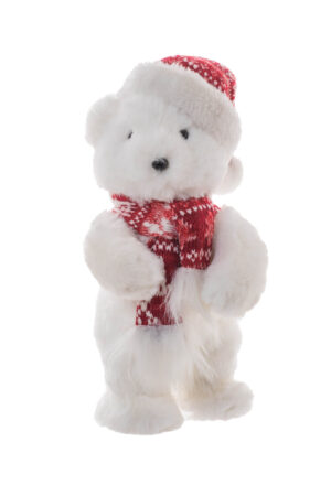 White/Red Faux Fur Standing Curious Cub with Scarf