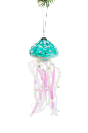 Blue/Iridescent Glass Hanging Jellyfish Ornament with Sandy Filling