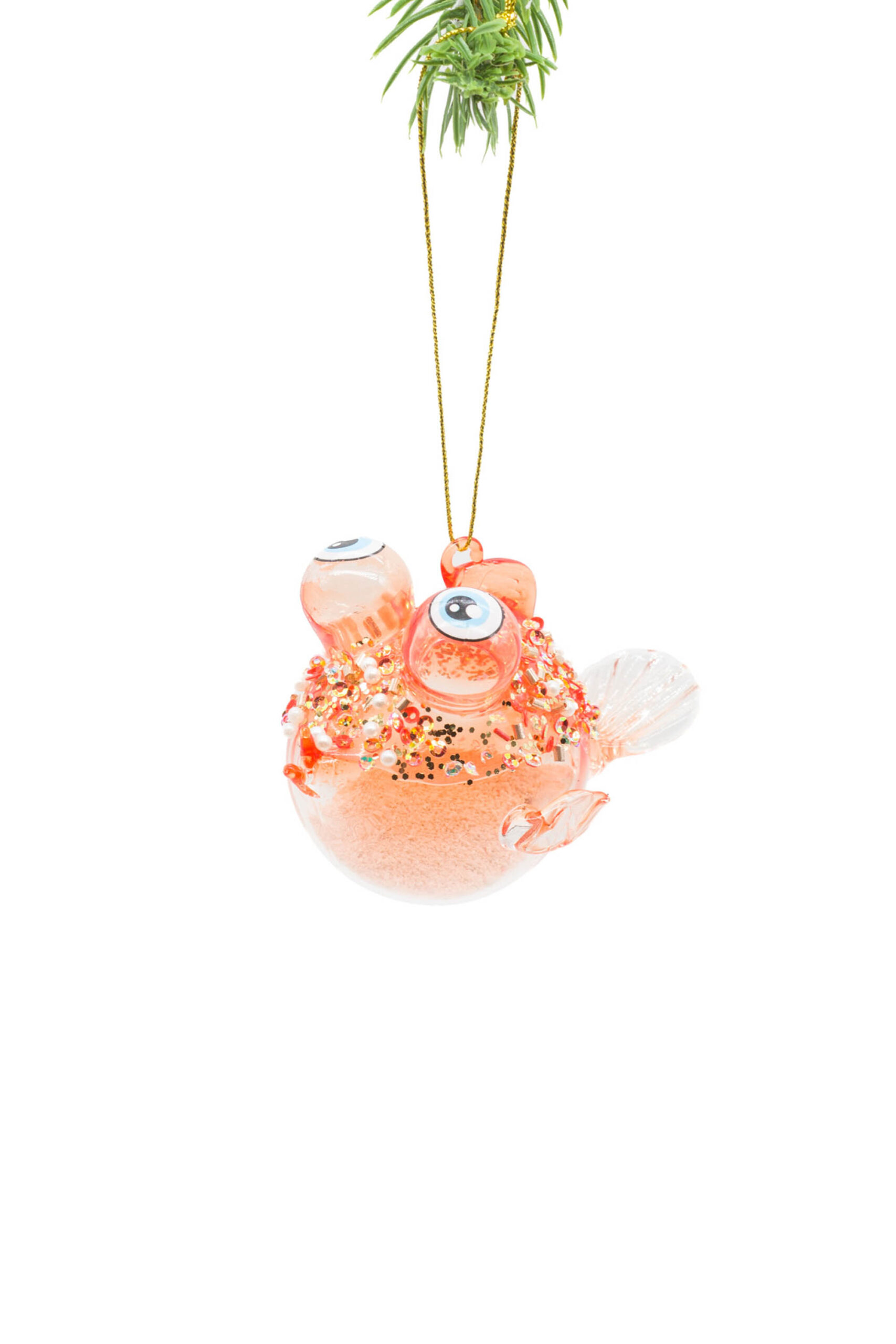 Orange/Clear Glass Hanging Friendly Blowfish Ornament with Sandy Filling