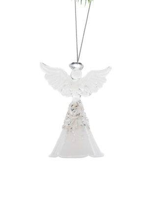 Clear/White Glass Hanging Peaceful Angel Ornament holding Dove