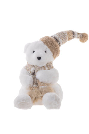 White/Beige Faux Fur Sitting Furry Bear with Scarf