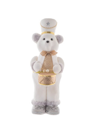 White/Gold Faux Fur Standing Drummer Bear with Bowtie