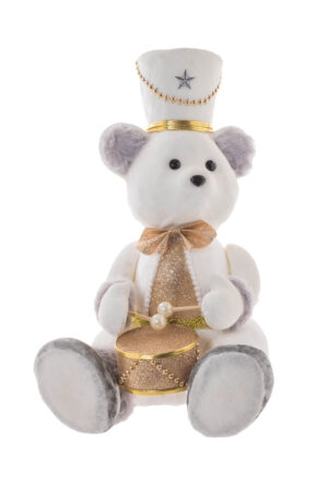 White/Gold Faux Fur Sitting Drummer Bear with Bowtie