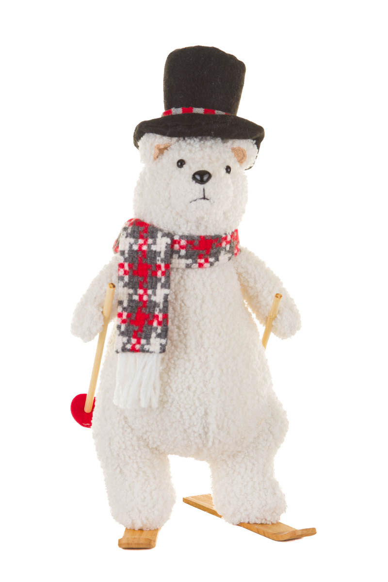 White Ski Poles Checkered Scarf Bear