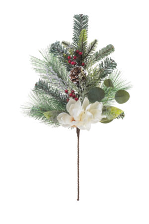 Green Glittered Mixed Pine Tree Pick with Anemone Flower