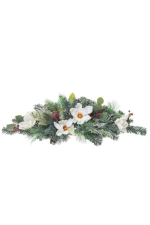 Green Glittered Mixed Pine Swag with Anemone Flower