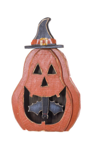 Orange/Black Wooden Standing Antique Rustic Jack-o-Lantern housing a Bat