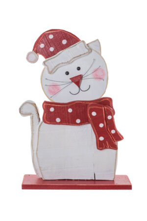White/Red Wooden Standing Antique Rustic Kitty dressed for Winter