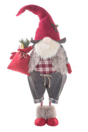 Red/Grey Polyester Standing Santa Gnome holding Gift Bag