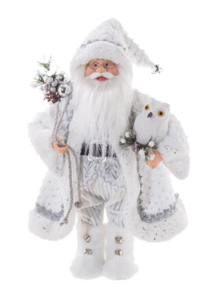 White/Silver Fabric Standing Wintery Santa with Owl Friend