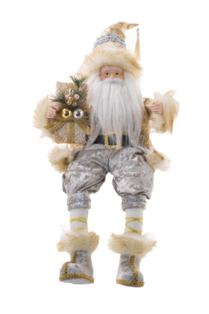 Gold/Beige Fabric Sitting Dazzling Santa holding Gifts