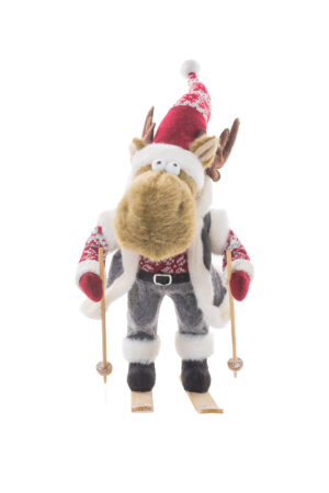 Grey/Brown Fabric Skiing Googly-Eyed Moose