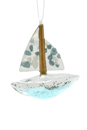 Clear/Blue Glass Hanging Sailboat Ornament Taking on Water
