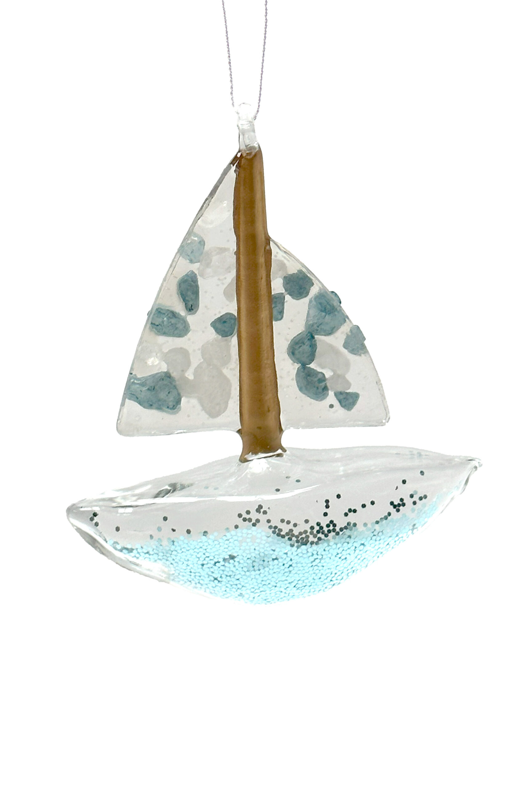 Clear/Blue Glass Hanging Sailboat Ornament Taking on Water
