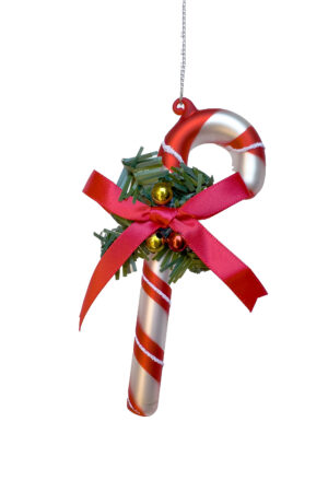 Red/White Glass Hanging Candycane Ornament with Red Bow