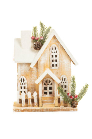 White and Light Brown Geometric Wooden Winter Warm White LED Cabin