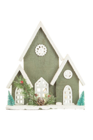 White and Dark Olive Wooden Winter Warm White LED Cabin