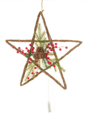 Hanging Brown and Green Handwoven Warm White LED Christmas Star