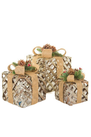 Glittery Gold Warm White LED Decorative Gift Boxes , Set Of 3