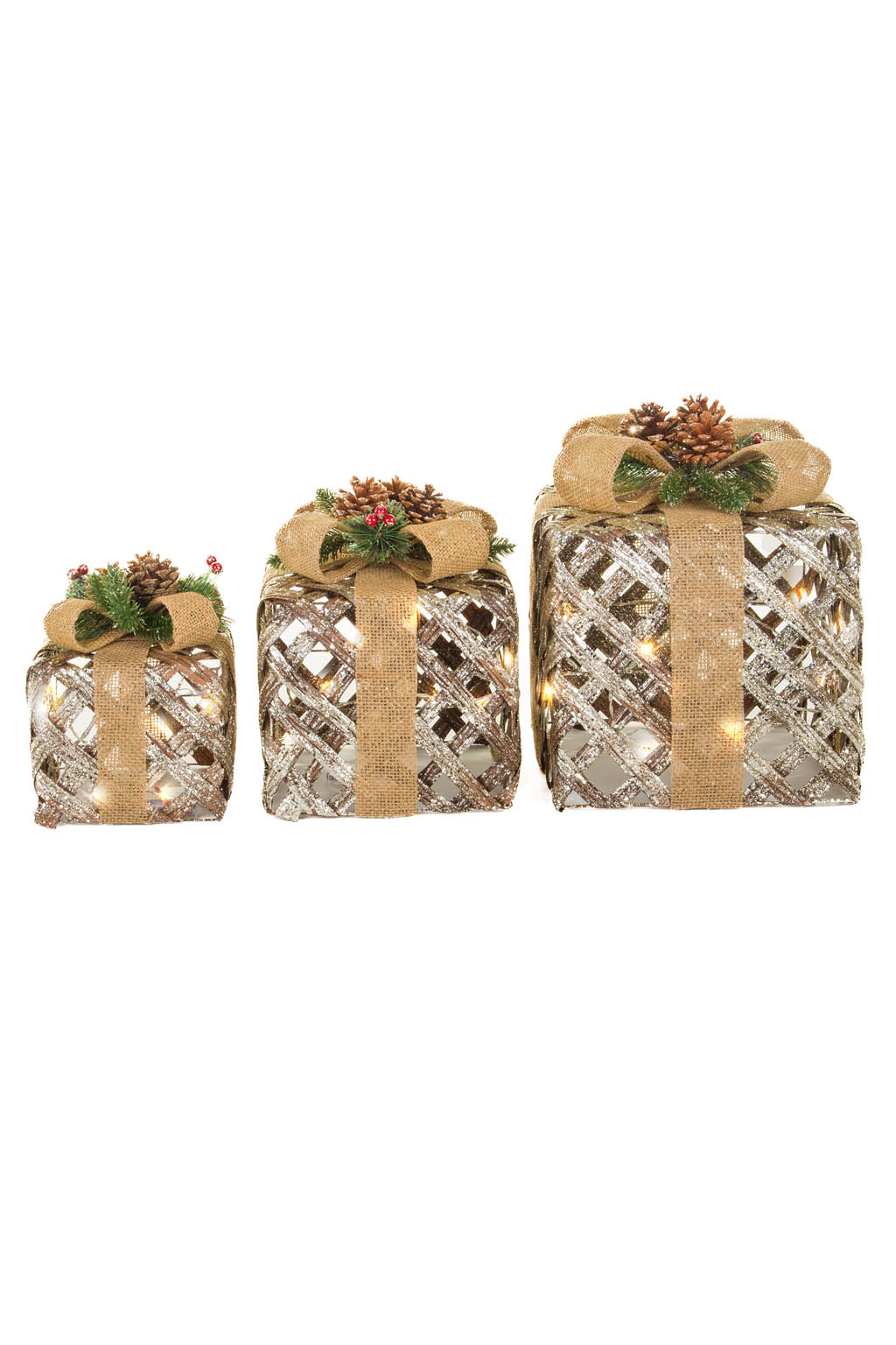 Glittery Gold Warm White LED Decorative Gift Boxes , Set Of 3 - Image 3