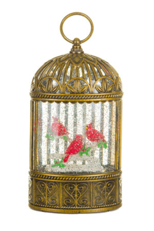 Rustic Gold Birdcage Warm White LED Snow Globe with Cardinals