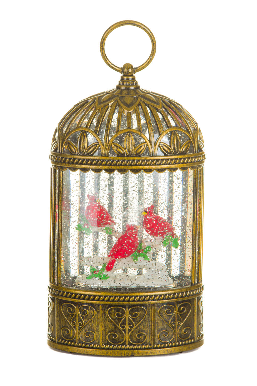 Rustic Gold Birdcage Warm White LED Snow Globe with Cardinals