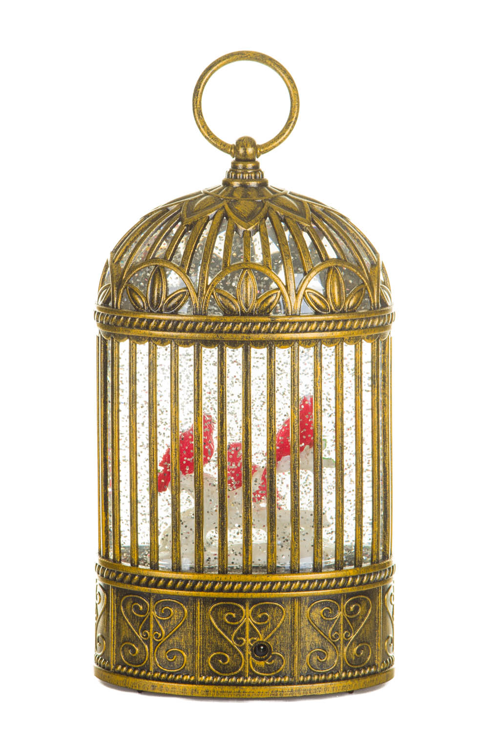 Rustic Gold Birdcage Warm White LED Snow Globe with Cardinals - Image 3