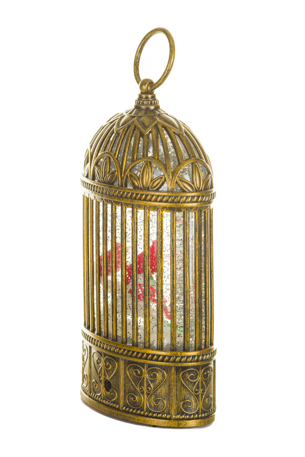 Rustic Gold Birdcage Warm White LED Snow Globe with Cardinals - Image 4